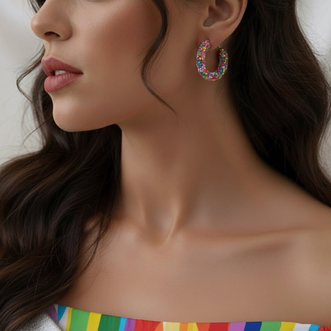 گوشواره حلقه‌ای پرکار از دانه‌های رنگارنگ