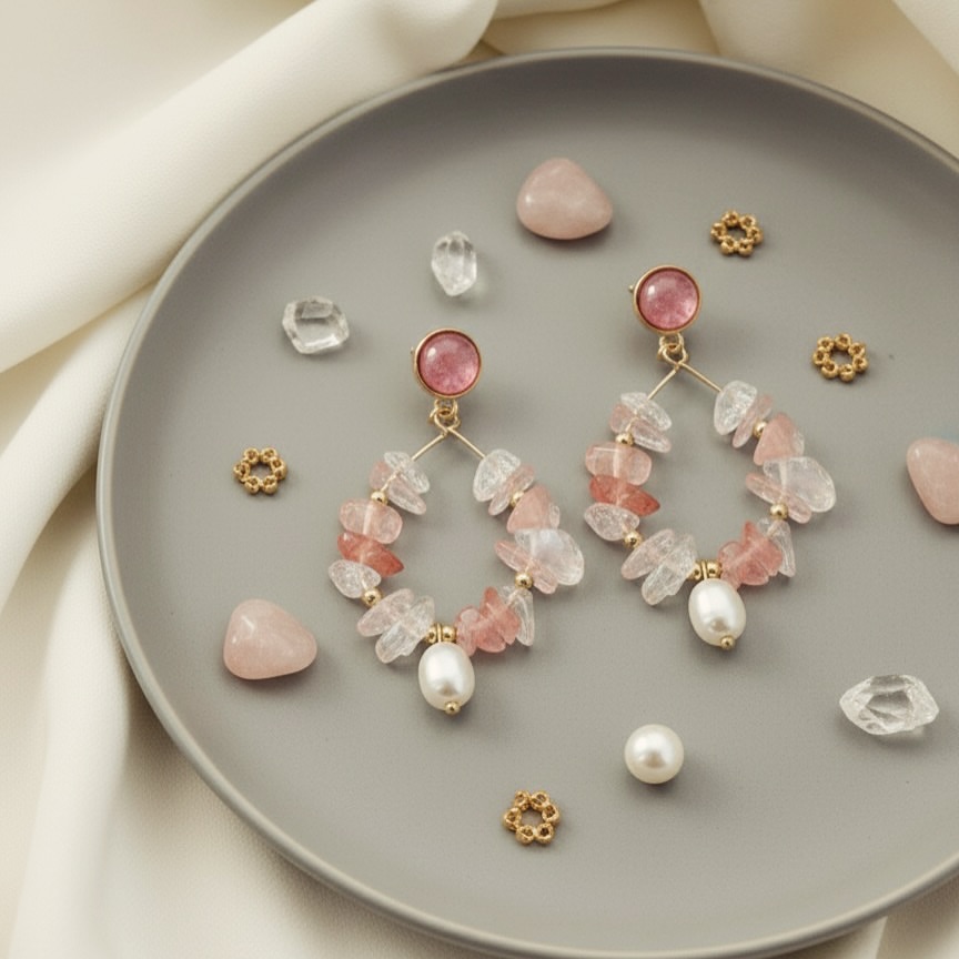 گوشواره‌های الماس‌گونه‌ی کوارتز صورتی و مروارید برند I AM